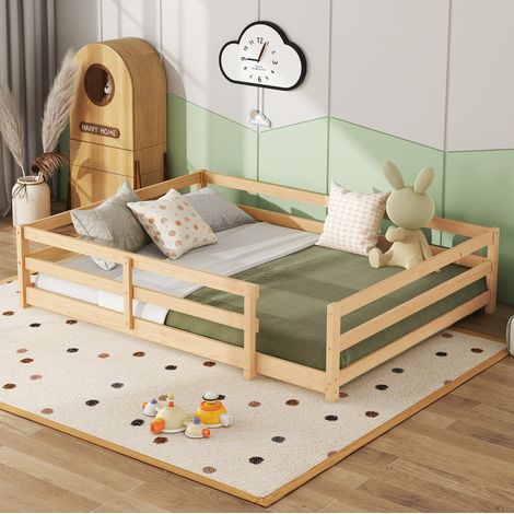 lit enfant couchage bois naturel 140x200 avec barrière HAVRYA (1/5)