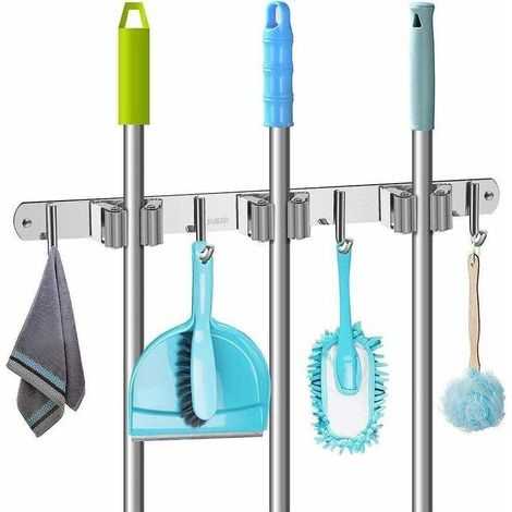 Selbstklebender, wandmontierter Besenhalter. Gerätehalterung, wandmontierter Gartengerätehalter, Edelstahl-Besenhalter, Besenorganizer für die Küche (3 Halterungen, 4 Haken) – Crezuo