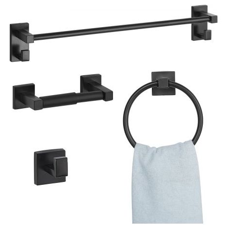 Badezimmer Hardware Zubehör Set aus SUS201 Edelstahl (4-tlg.) inkl. Handtuchstange & Handtuchhalter (runder Ring) & Haken & Toilettenpapierhalter, für Badezimmer, Wandmontage Schwarz (1/5)