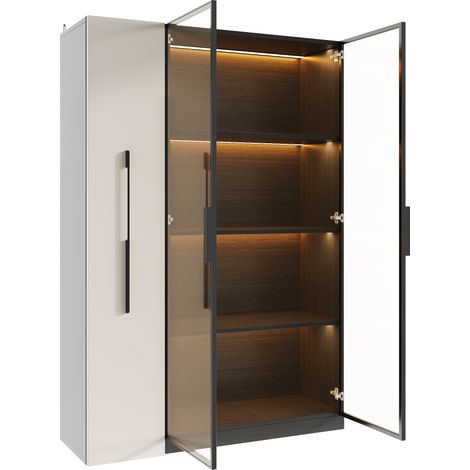 Vetrina multifunzione in MDF e vetro 110,5 x 35 x 160 cm con LED, mobile alto moderno bianco e nero (1/5)