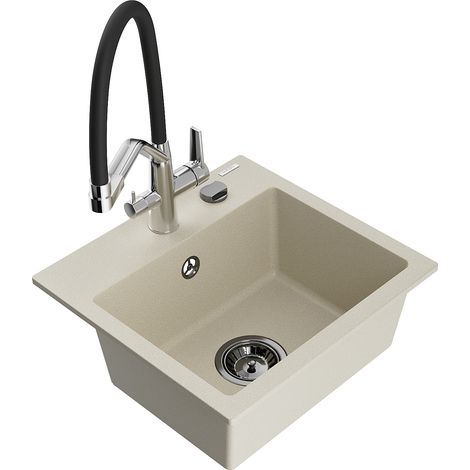 Mexen Milo 1-Becken-Granitspüle mit Mischbatterie Duo, Beige - 6505-69-671701-07-B