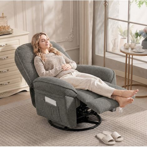 Poltrona relax reclinabile girevole e a dondolo in ciniglia grigio chiaro OKWISH (1/5)