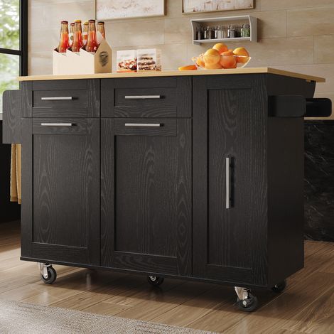 Îlot de cuisine noir moderne en bois avec étagères à snacks et armoires extensibles,table multifonction de rangement.