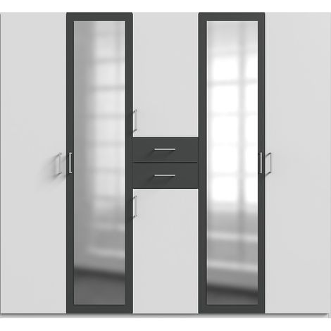 Armoire Placard, meuble de rangement avec 2 miroirs coloris Blanc, rechampis graphite - Longueur 225 x Hauteur 208 x Profondeur 58 cm (1/5)