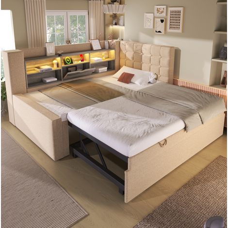 FLORAGRACE Lit 90x200 cm en lin beige avec lit gigogne 90x190, LED, tête L réversible, rangement (1/5)