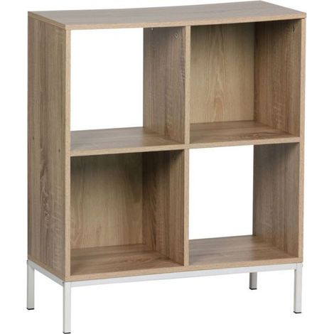Bibliothèque - JUANIO - L60xP29xH72 cm - 4 niches ouvertes - Bois effet chêne - Pieds métal blanc (1/3)