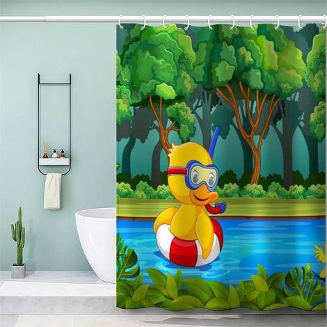 Rideau de Douche Anti Moisissure 180x180cm Canard De Dessin Animé Tissu 100% Polyester Salle De Bains Rideaux Imperméable Lavable en Machine avec 12 Crochets pour Baignoire Animaux Animés (1/5)
