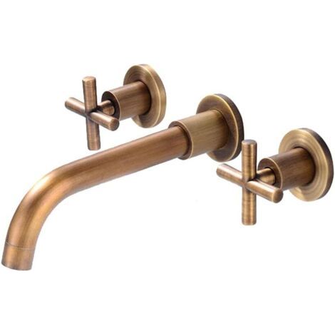 Mitigeur de lavabo encastré mural antique – Double poignée pivotante – Finition métal – Économie d'eau optimisée – Pour salle de bain moderne (1/2)