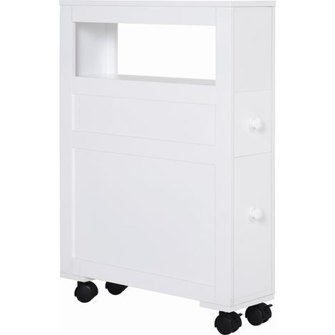 Mobiletto da Bagno 2 Cassetti con 4 Ruote Legno Bianco 16x52x71.5cm