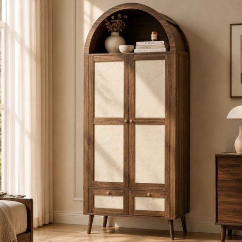 Armoire à 2 portes et 2 tiroirs, 180 cm de hauteur, aspect noyer et rotin beige, forme cintrée, tringle et étagère ouverte, noyer + beige (1/5)