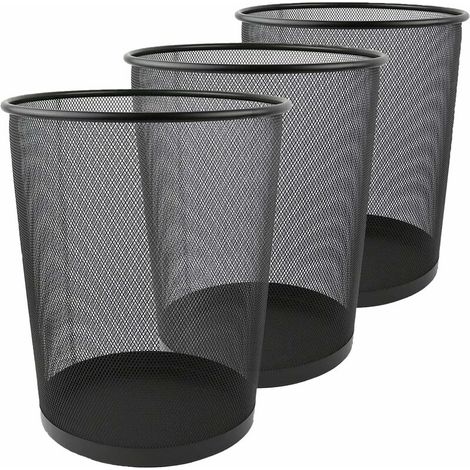 Set di 3 cestini per rifiuti Ulisem, pattumiera in rete metallica da 12 litri per ufficio, piccolo cestino per cucina, camera da letto, bagno - 26,5 x 23,5 x 18,8 cm - Nero (1/5)