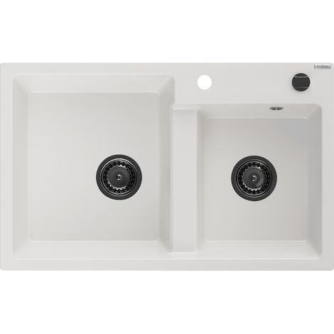 Mexen Tomas lavello in granito a 2 vasche 800 x 500 mm, bianco, sifone nero - 6516802000-20-B (1/5)