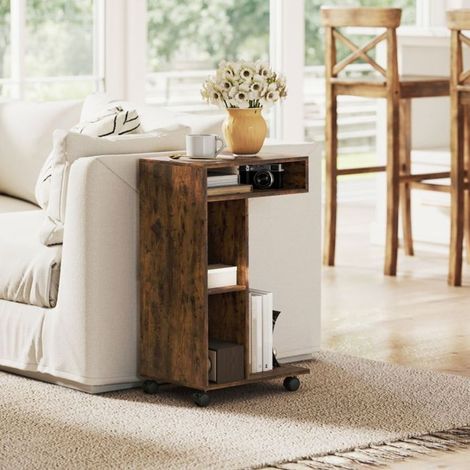 Chariot de cuisine 40 x 30 x 69 cm forme en c 4 roulettes 3 compartiments brun rustique (1/5)