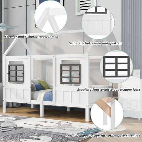 Lit en forme de maison avec 2 tiroirs, lit simple, lit de jour, lit d’enfant avec 2 fenêtres, structure en pin et MDF, blanc, 200 x 90 cm, lit cabane enfants, 200x90cm, lit enfant, lit enfant (1/5)