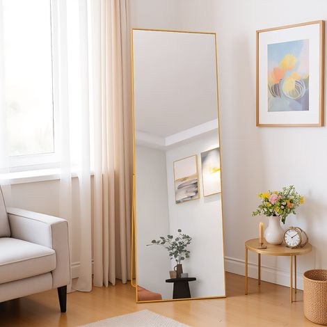 Ganzkörperspiegel Standspiegel 162 x 53 cm, rechteckiger Schlafzimmerspiegel mit Rahmen and Aluminiumlegierung, Ankleidespiegel mit robustem Glas, für Schlafzimmer, Wohnzimmer und Garderobe, Gold (1/5)