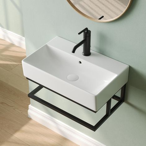 Wall-Mounted Washbasin with Towel Holder, White Ceramic Washbasin, Rectangular Hanging, Ideal for Bathroom and Guest Toilet (56.5 x 36.5 x 13 cm) (1/5)