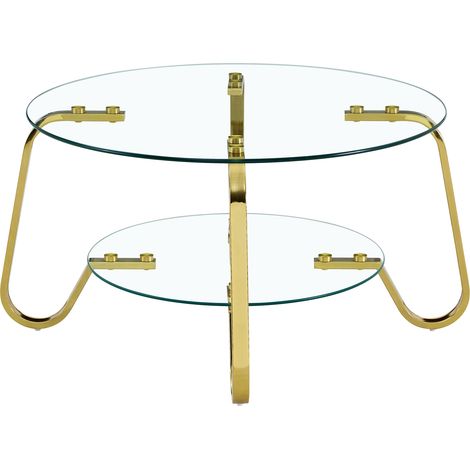 Table basse style rétro minimaliste en verre trempé double couche avec structure en métal, apporte une touche d’élégance à votre salon -or