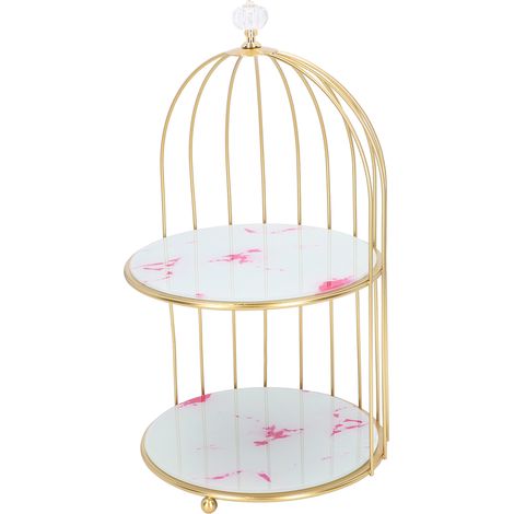 Estantería de baño dorada de dos niveles con tapa de mármol rosa: almacenamiento tipo jaula para tocador y estante. (1/5)