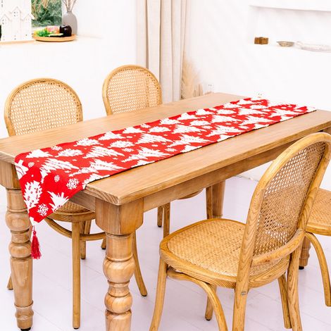 Chemise De Table Noel - Motif Flocons De Neige - Rouge Et Vert - 180 X 33 Cm - Pour Cuisine Salle A Manger Fete - 1 Piece