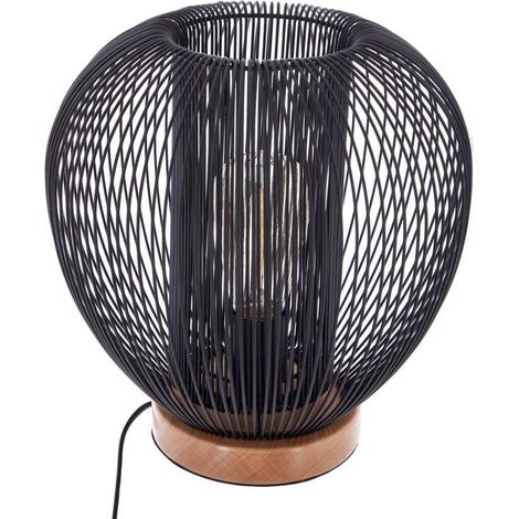 Atmosphera – Lampe de chevet en métal noir filaire – Hauteur 27,5 cm – Puissance 40W – Base en bois de hêtre – Design moderne pour intérieur (1/4)