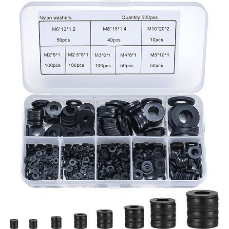 500 pièces rondelle plate en nylon, rondelle plate isolée joint rond joint d'étanchéité kit d'assortiment de tuyaux-M2/M2.5/M3/M4/M5/M6/M8/M10 (noir) (1/5)