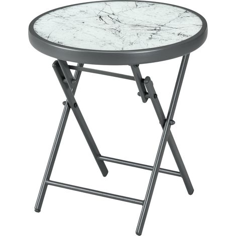 Beistelltisch klappbar, Klapptisch aus Glas mit Marmoroptik, kleiner Campingtisch, runder Sofatisch Balkontisch für Balkon Terrasse Wohnzimmer Büro, 45 x 45 x 50 cm, Weiß