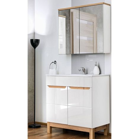 Ac-Deco – Ensemble meuble vasque simple blanc 80 cm – Armoire miroir 70 x 80 cm – MDF et céramique – Système de fermeture amortie