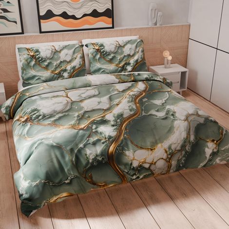 Housse de Couette 1 Place 150x200 cm 1 Taie 50x80 cm Incluse, Parure en Microfibre Imprimée Marbre Sauge (1/5)