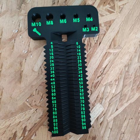 Outil de mesure de vis M2-M10 + L4-100 mm. Cet outil permet de mesurer les vis métriques de M2 à M10, d'une longueur de 4 à 100 mm. - Noir/Vert