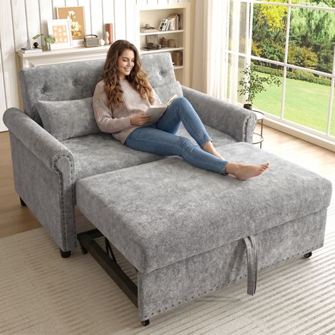 Moderne 3-in-1 Schlafsofa Couch mit Schlaffunktion,2-Sitzer Klappsofa mit 3-fach verstellbarer Rückenlehne,Ausziehbares Gästebett aus hochwertigem Chenille-Stoff,Inklusive 2 Komfort-Kissen