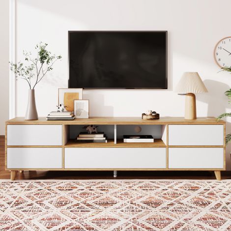 Mobile TV, mobile basso, arredamento per soggiorno nei toni del bianco e del legno. Ripiani e ante in stile rustico naturale. (1/5)