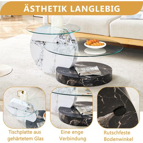 Table basse moderne minimaliste en verre de sécurité, design à deux niveaux, structure en MDF haut de gamme imitation marbre noir et blanc, plusieurs coloris disponibles. (1/5)