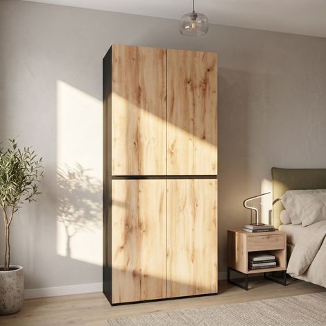 Armoire 200 cm 4 portes avec tiroir à bijoux, penderie et rangements multiples, meuble moderne en MDF et panneaux de particules, effet chêne naturel (1/5)
