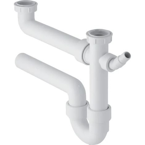 Sifone bianco curvo Geberit per due lavelli, con portagomma a gomito, scarico orizzontale Ø 40 x 11/4