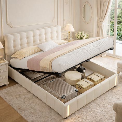 Lit coffre 140x190 cm avec lumière LED à capteur automatique, lit capitonné double avec rangement, fonction hydraulique pour adulte jeunesse, velours, beige (1/5)