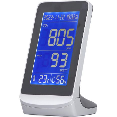 Moniteur de qualité de l'air avec affichage numérique, détecteur de CO2, PM1.0, 2.5, 10, température et humidité, et alerte de batterie faible. (1/5)