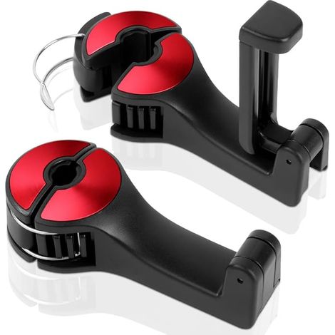 Auto Kopfstützen Haken, 2 Stück 2 in 1 Autositzhaken mit Handyhalterung 360° Versteckter Haken Drehbar Einstellbar Multifunktionaler Auto Haken Auto Kopfstütze Handyhalter für Autozubehör Rot (1/5)
