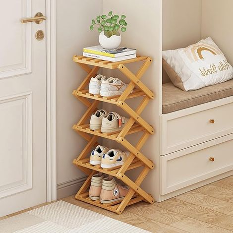 Faltbares Schuhregal, vertikaler Schuhorganizer aus Bambus, hoch für kleine Räume, multifunktionales schmales Schuhregal für Eingangsbereich, Schlafzimmer, Flur, Holzfarbe, 5 Ebenen