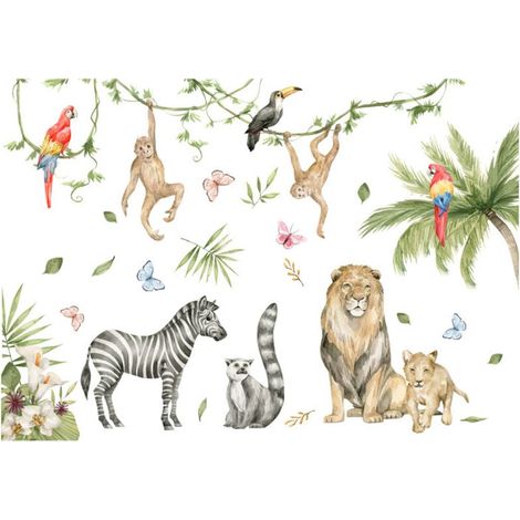 Adesivi murali con animali della giungla, adesivi murali con scimmie safari per camerette, camerette per neonati, camerette dei bambini, soggiorni, 2 pezzi (1/4)