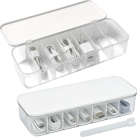 Set of 2 Transparent Cable Management Boxes, Wire Organizer with Removable Dividers, Cable Organizer with 14 Cable Ties and 16 Labels, 26x9.5x5.5 cm (1/5)