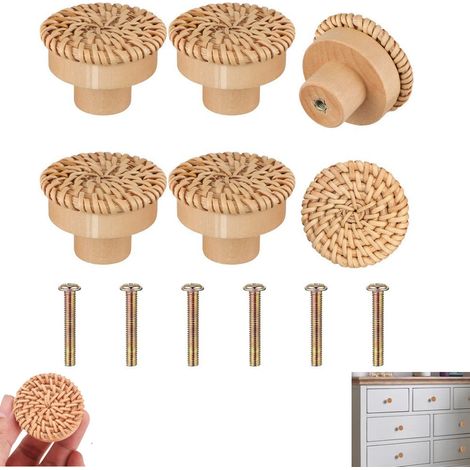 Lot de 6 boutons de meubles en rotin et bois, poignées de tiroir, boutons de porte ronds pour placards et armoires. (1/4)