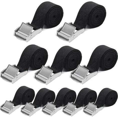 10x sangles d'arrimage 25mm x 1m, capacité de charge 250kg, boucle à cliquet, noir