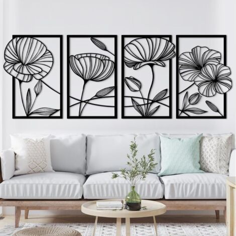 Conjunto de 4 esculturas de pared de metal negro, 26 x 43 cm, que representan flores de loto en un estilo moderno y minimalista. (1/4)