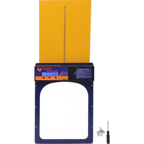 Porte de poulailler automatique avec minuterie, en alliage d'aluminium, étanche IP45, écran LED, alimentée par piles, bleu bijou. (1/5)