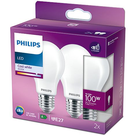 Bombilla estándar led e27, 10,5 w, 1521 lm, 4000k, luz día, 2 uds