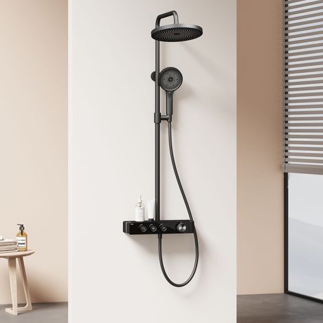 EMKE Thermostat Duschsystem mit 36cm Ablage & 26cm Regendusche Stufenloser Wasserregelung & Sicherheitssperre, Schwarz