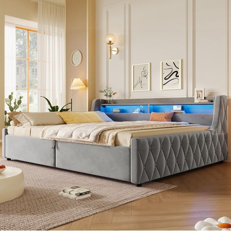 Lit coffre 140x200 avec rangement hydraulique et éclairage LED, gris OKMYHOME (1/5)