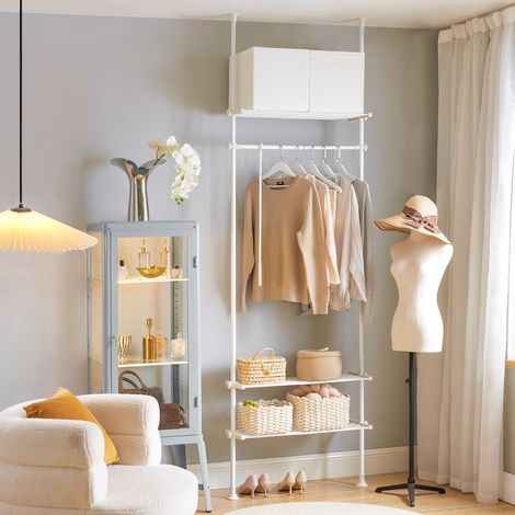 SoBuy KLS07-W Teleskopstange Kleiderständer mit 1 Kleiderstange und 3 Ablagen Teleskop Garderoben System Verstellbares Garderobenständer wandmontage weiß B (52-80) x H (233-300) cm