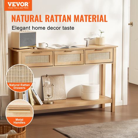 Table console en rotin avec 3 tiroirs de rangement, table d'entrée en rotin naturel avec porte coulissante, 1305 x 300 x 815 mm, ra… (1/5)