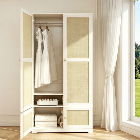 Armadio guardaroba in MDF bianco con ante in rattan, 2 ante, con asta appendiabiti e ripiano fisso, 90 x 48 x 180 cm (1/5)
